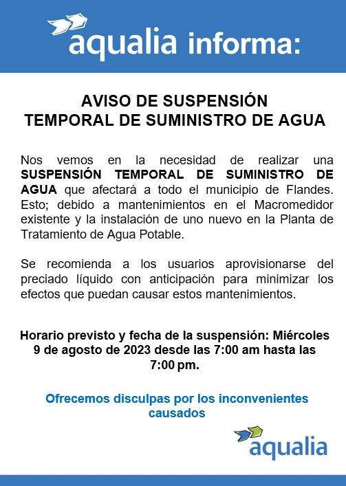 Aviso de suspensión temporal en el suministro de agua para el municipio de Flandes/Tolima